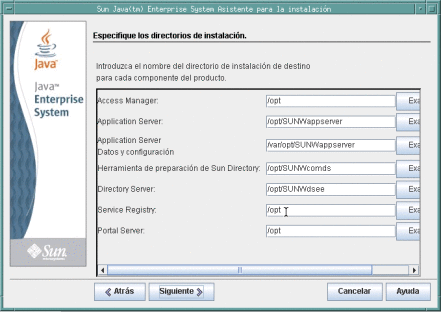 Captura de pantalla de la página Especificar directorios de instalación.