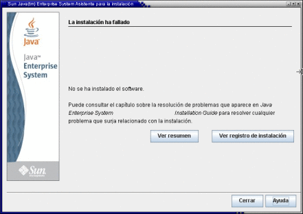 Captura de pantalla de la página de fallo de instalación.