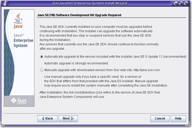 Captura de pantalla de la página Actualización de J2SE SDK necesaria.