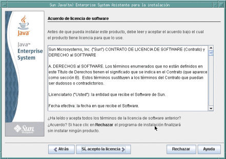 Captura de pantalla de la página de Contrato de licencia del software.