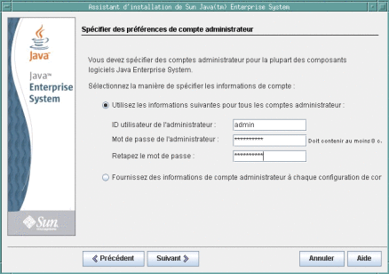 Capture d'écran de la page Spécifier les préférences de compte administrateur.