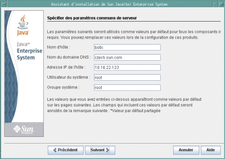 Capture d'écran la page Spécifier les paramètres communs du serveur.