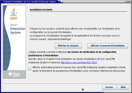 Capture d'écran de la page Installation terminée