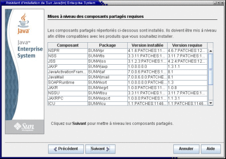 Capture d'écran de la page Mises à niveau des composants partagés nécessaires.