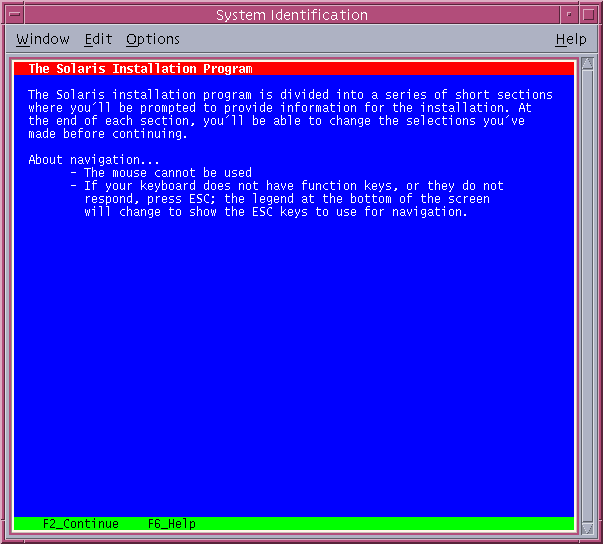 This screen capture shows the text Welcome screen. This
screen lists the information the installation program needs to configure the
system.