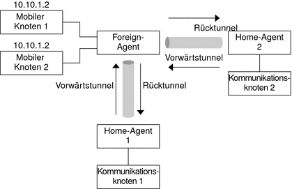 Die Abbildung zeigt die Netzwerktopologie zweier privat adressierter mobiler Knoten, die sich in verschiedenen Foreign-Netzwerken befinden.