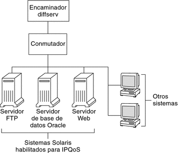 El diagrama de distribución muestra una red local con un enrutador Diffserv y tres sistemas con IPQoS: Servidor FTP, servidor de base de datos y servidor web.