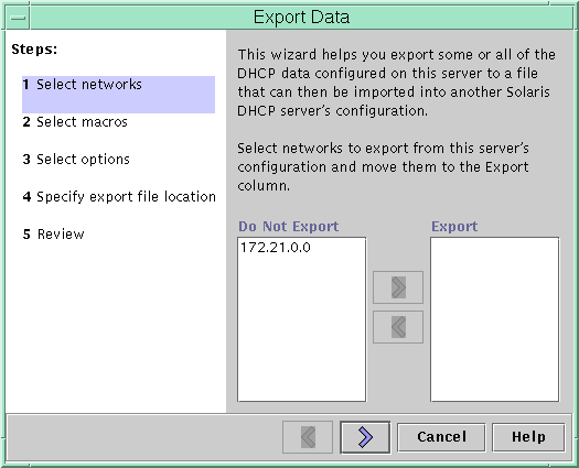 La boîte de dialogue présente les étapes à suivre pour exporter les données vers un fichier. Elle présente deux listes de réseaux intitulées Do Not Export et Export. Elle contient des boutons fléchés permettant de transférer le contenu de la première liste dans la deuxième et inversement.