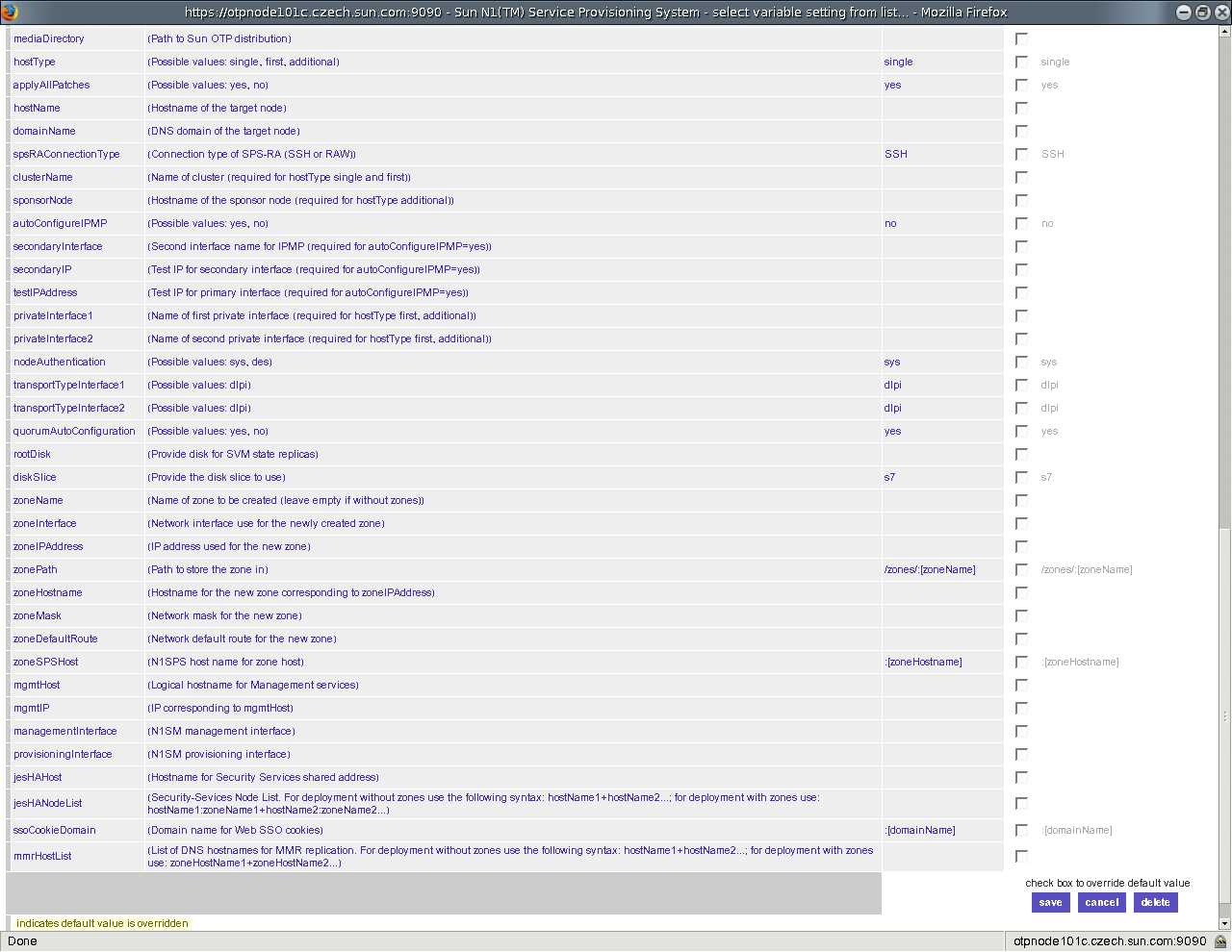 Configure OTP Plan Variables Screen