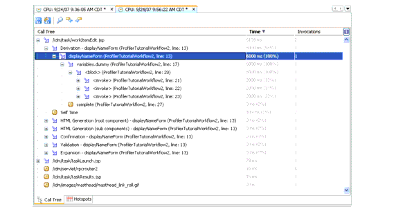 Abbildung: Snapshot-Ergebnisse von ProfilerTutorialWorkflow2 in der Ansicht der Aufrufhierarchie