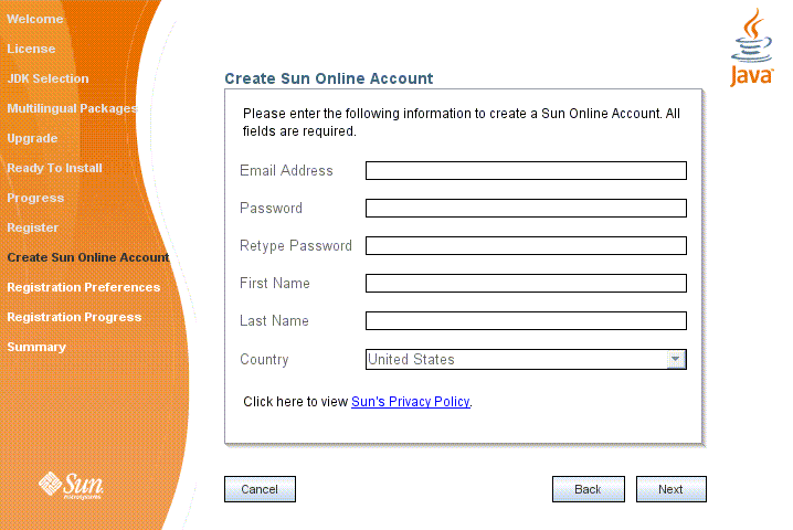 Pantalla para crear una cuenta Sun Online.