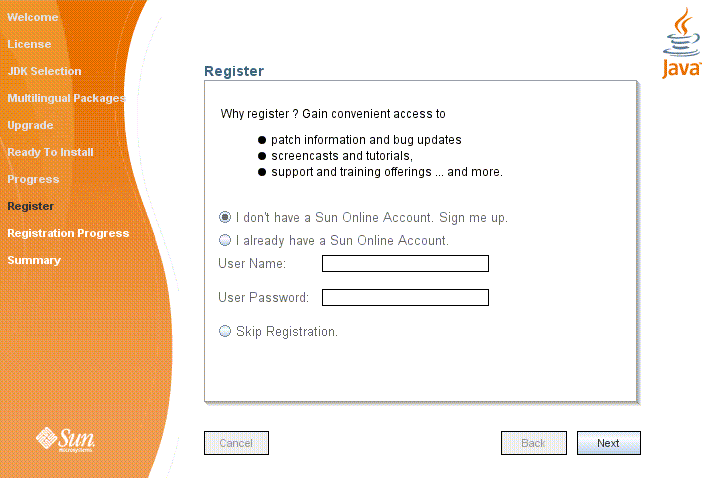 Pantalla para el registro en Sun Connection.