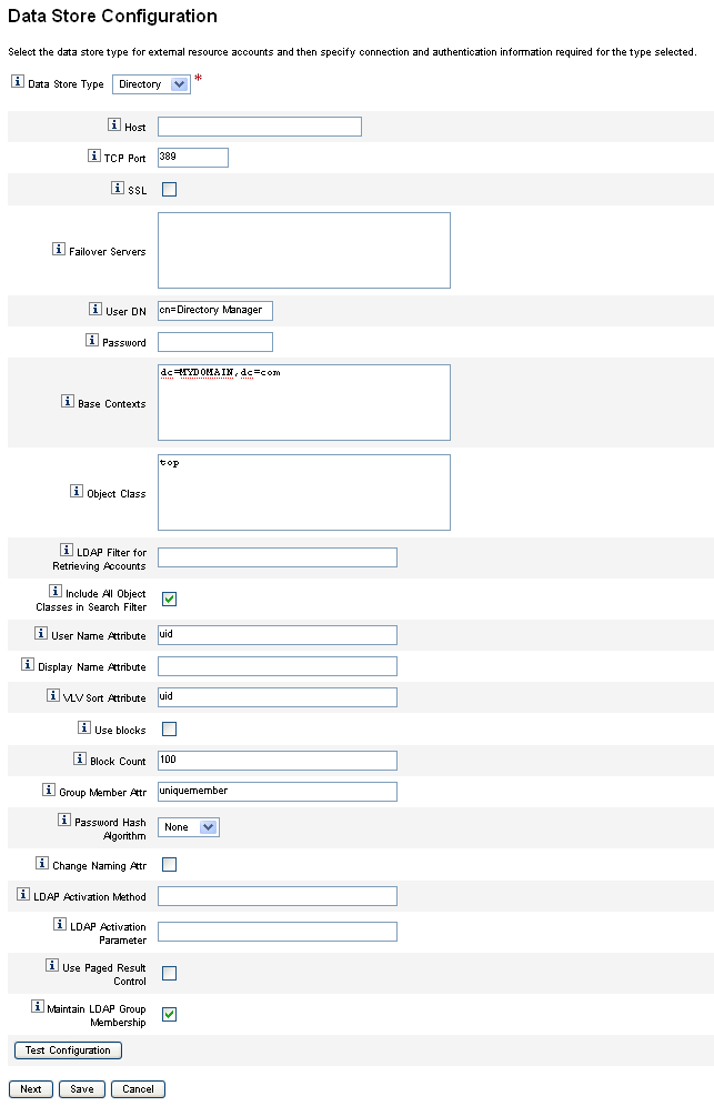 Figura con un ejemplo de la página Configuración de almacén de datos para el tipo Directorio