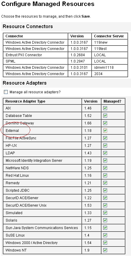 Figura que muestra la disponibilidad de un nuevo recurso externo en la lista Adaptadores de recursos