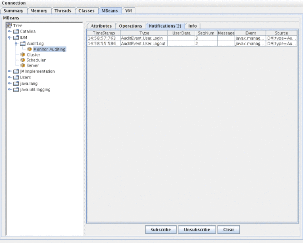 Figura que muestra cómo ver notificaciones de eventos de auditoría JMX en JConsole