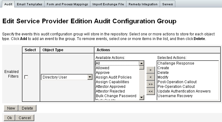 Figura en la que se muestra la página de edición del grupo de configuración de auditoría de Service Provider