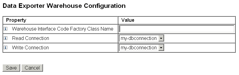 Figura con la sección Información de configuración de almacén de la página Configuración del exportador de datos