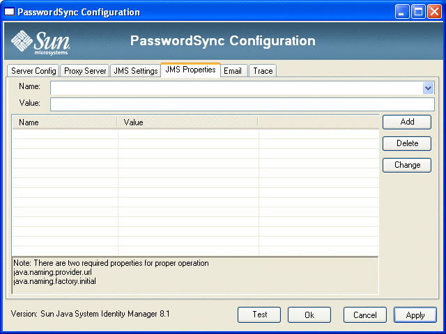 Figura que muestra el cuadro de diálogo JMS Properties del asistente de PasswordSync