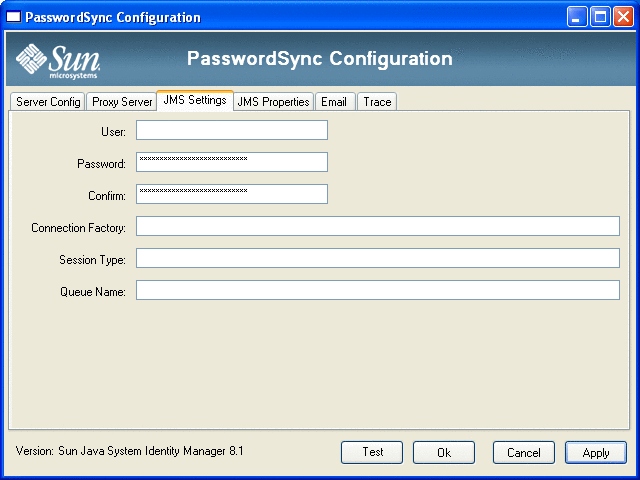 Figura que muestra el cuadro de diálogo JMS Settings del asistente de PasswordSync