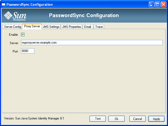 Figura que muestra el cuadro de diálogo Proxy Server del asistente de PasswordSync