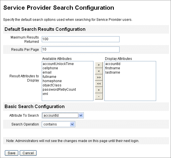 Figura en la que se muestra la página de configuración de búsqueda de Service Provider 