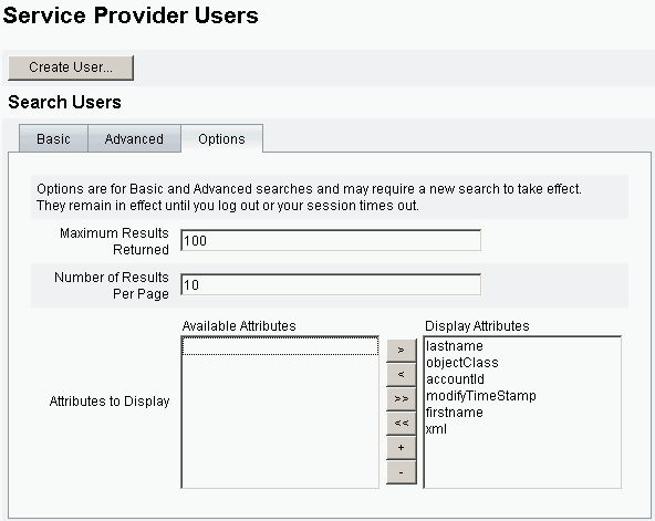 Figura en la que se muestra la forma de establecer las opciones de búsqueda de los usuarios de Service Provider