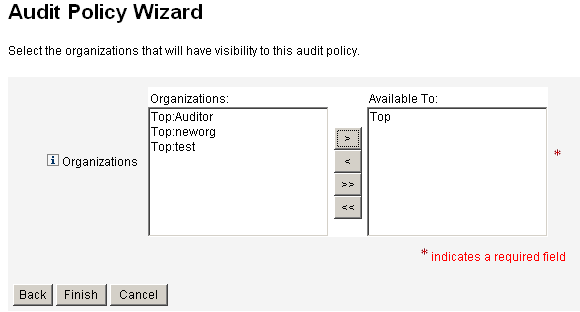 Figura con la pantalla para asignar visibilidad a las organizaciones en el Asistente de directiva de auditoría