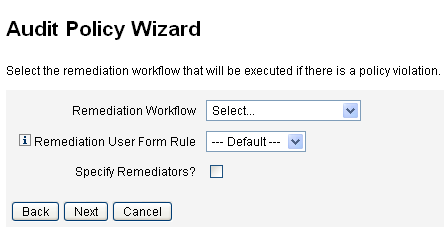 Figura con la pantalla para seleccionar un flujo de trabajo de remediación en el asistente de directiva de auditoría