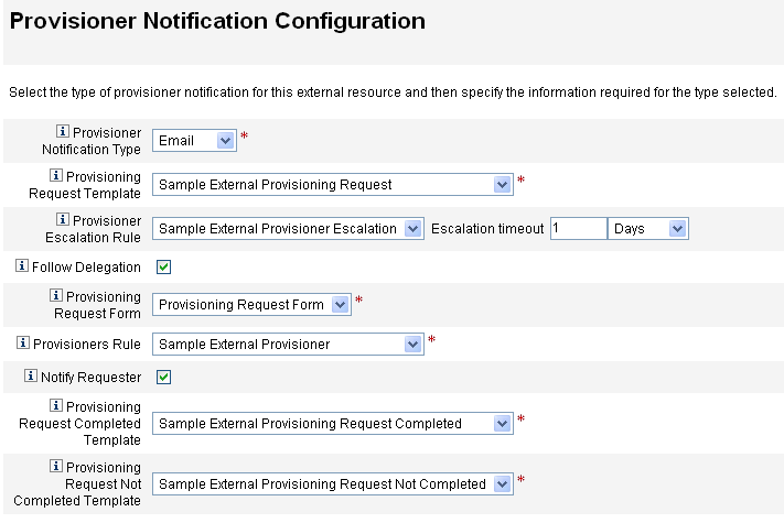 Figure illustrant un exemple de la page Configuration de la notification de l’approvisionneur pour le Type de notification de l’approvisionneur