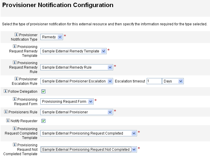 Figure illustrant un exemple de la page Configuration de la notification de l’approvisionneur pour le Type de notification Remedy
