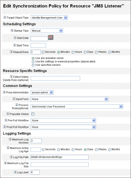 Figure illustrant la page Éditer la stratégie de synchronisation relative à la ressource Listener JMS