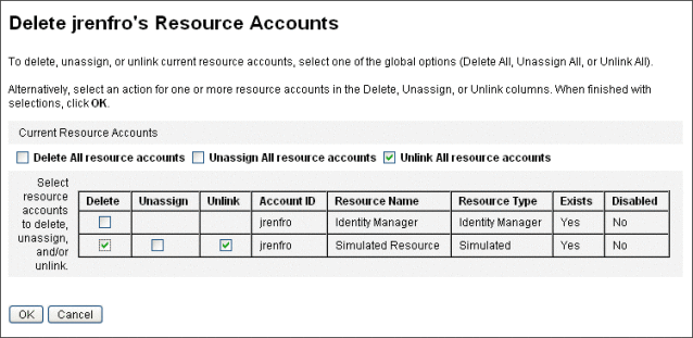 Figure représentant la page Supprimer des comptes de ressources pour jrenfro.