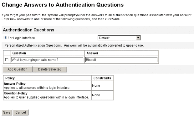 Figure représentant un exemple de page Changer les réponses aux questions d’authentification