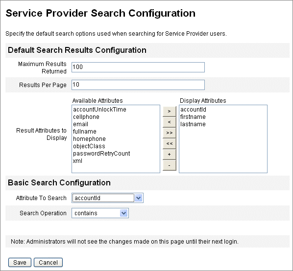 Figure illustrant la page Configuration de recherche de Service Provider