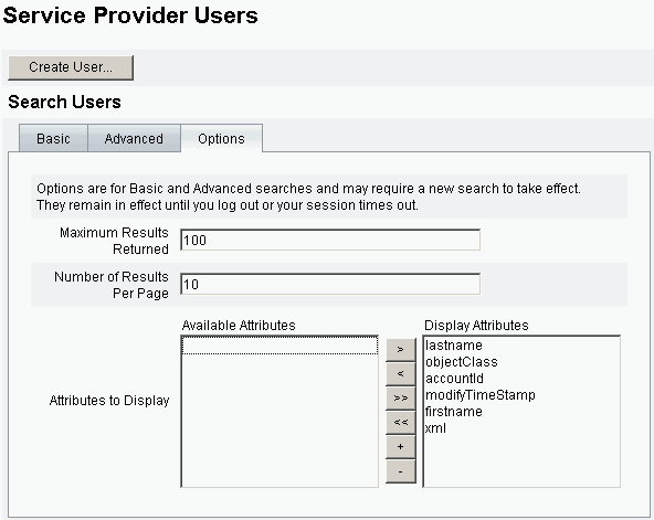 Figure illustrant la définition des options de recherche pour les utilisateurs de Service Provider 