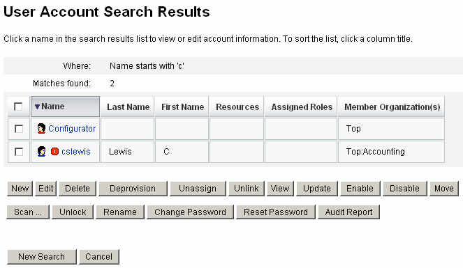 Figure illustrant la page Résultats de recherche de compte utilisateur.