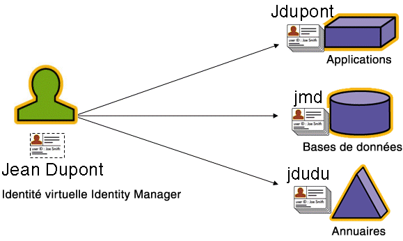 Figure illustrant la façon dont une unique identité virtuelle Identity Manager mappe vers plusieurs ressources.