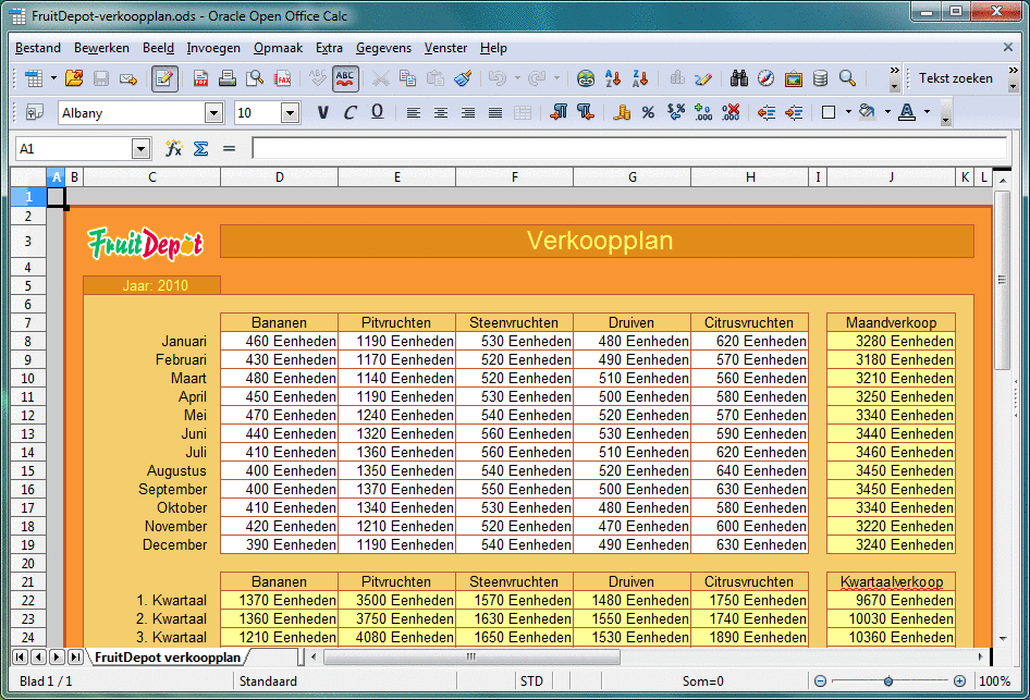 Hoofdvenster van Calc