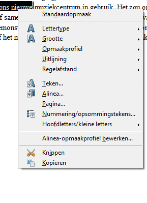 Contextmenu voor geselecteerde tekst in Writer