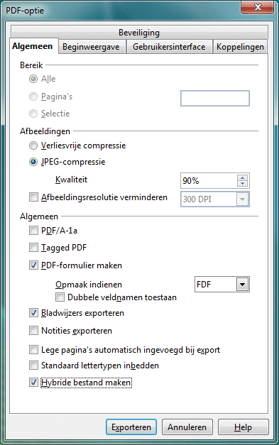 Dialoogvenster PDF-optie