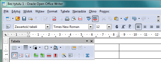Niektóre paski narzędzi programu Writer, pasek narzędzi Standardowy, pasek narzędzi Formatowanie i pasek narzędzi Tabela.