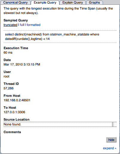 MySQL Enterprise Dashboard: Example Query Tab for a
              Query