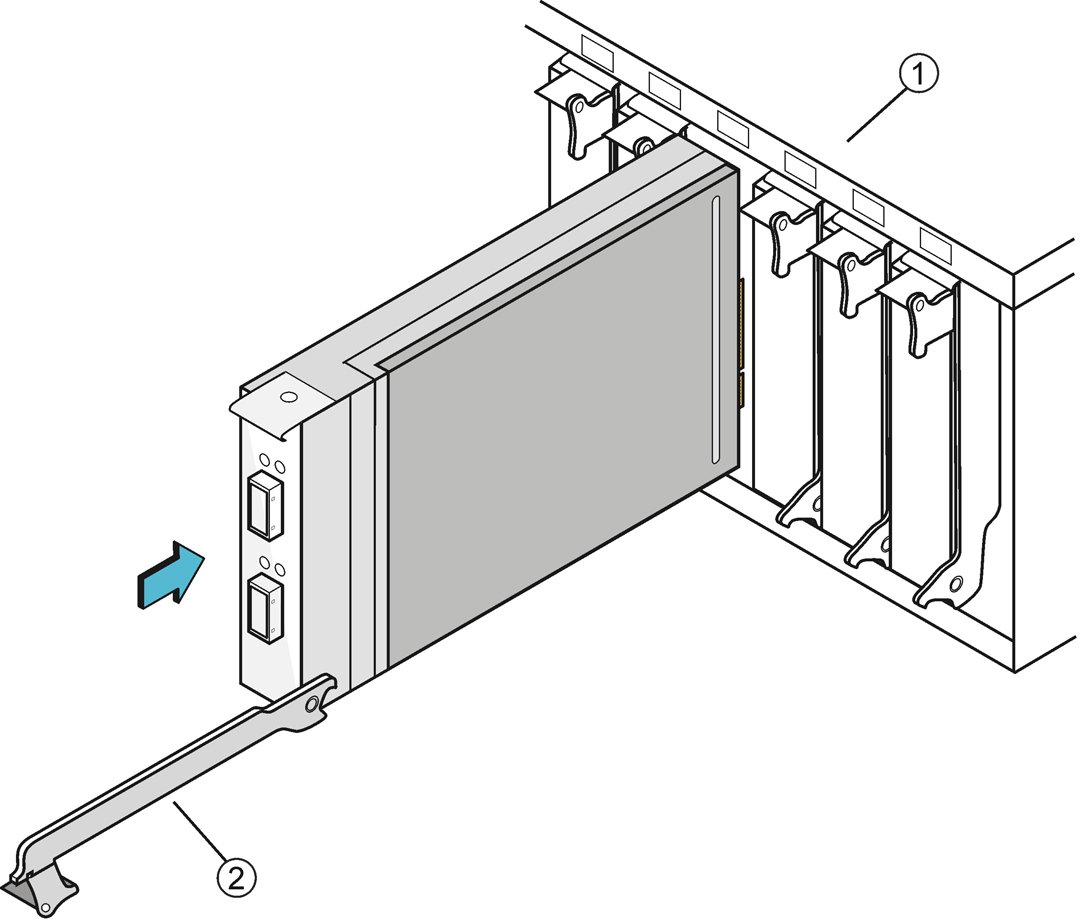 image:Figure shows installing the host adapter board into a PCI Express slot.