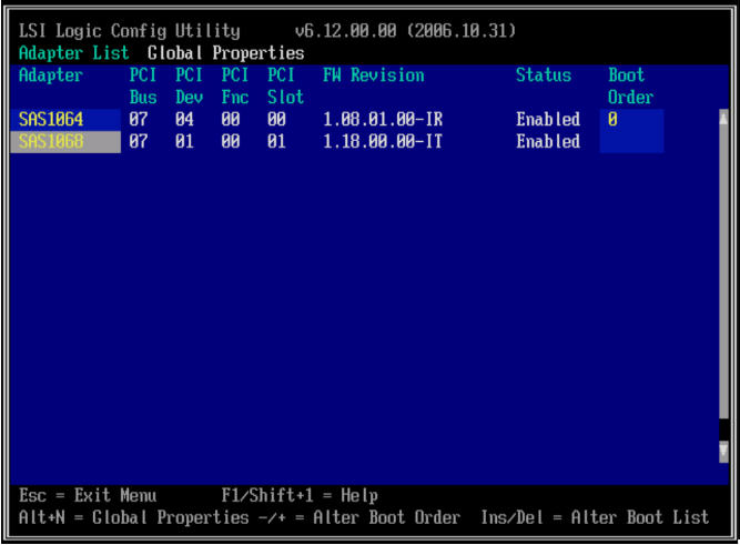image:Screen shot of the LSI Corp Config Utility Menu