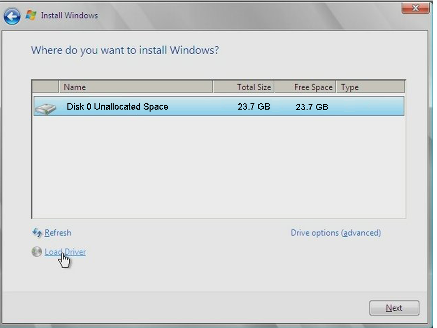 image:Picture of dialog box asking where you want to install Windows.