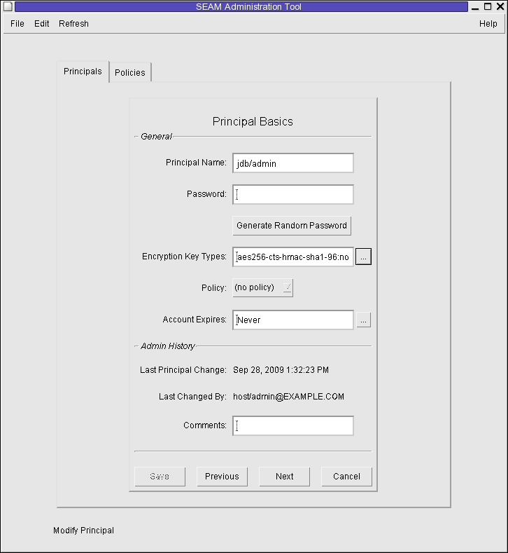 Dialog box titled SEAM Tool shows account data for the jdb/admin principal. Shows account expiration date and comments.