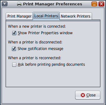 Graphic showing the local tab of the Print Manager for LP Preferences dialog.