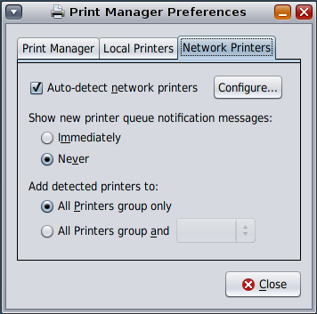 Graphic showing the Network tab of the Print Manager for LP GUI's Preferences dialog.