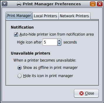 Graphic displaying the Preferences window of the Print Manager for LP, with the Print Manager tab shown.