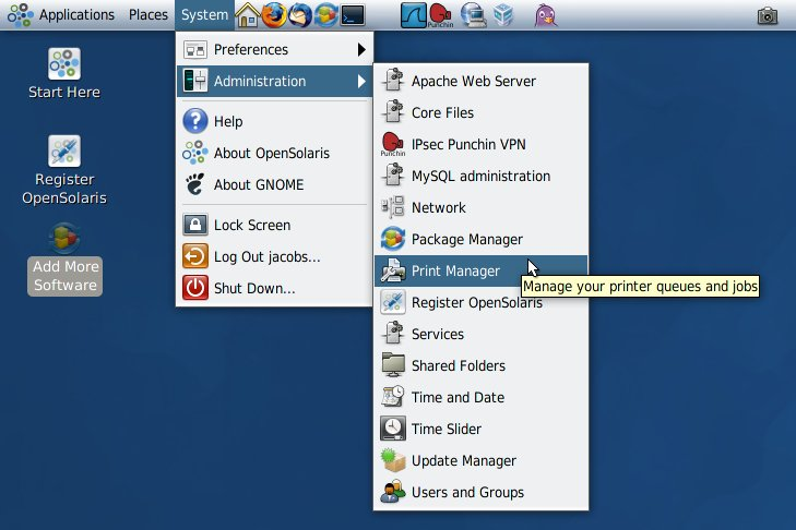 Figure that shows the contents of the GNOME Desktop's System menu, with the Administration menu option and the Print Manager menu item chosen.